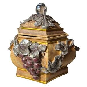 Vintage Art Nouveau Jewelry Casket Raised Relief Grapes Pewter Leaf Motif 8 x 7"